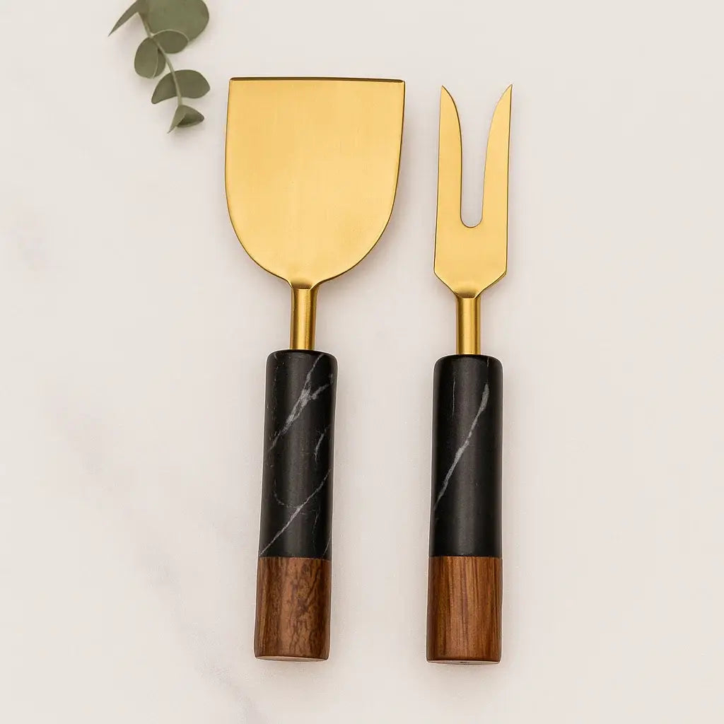White Marble + Acacia Wood Cheese Knives, Set of 2