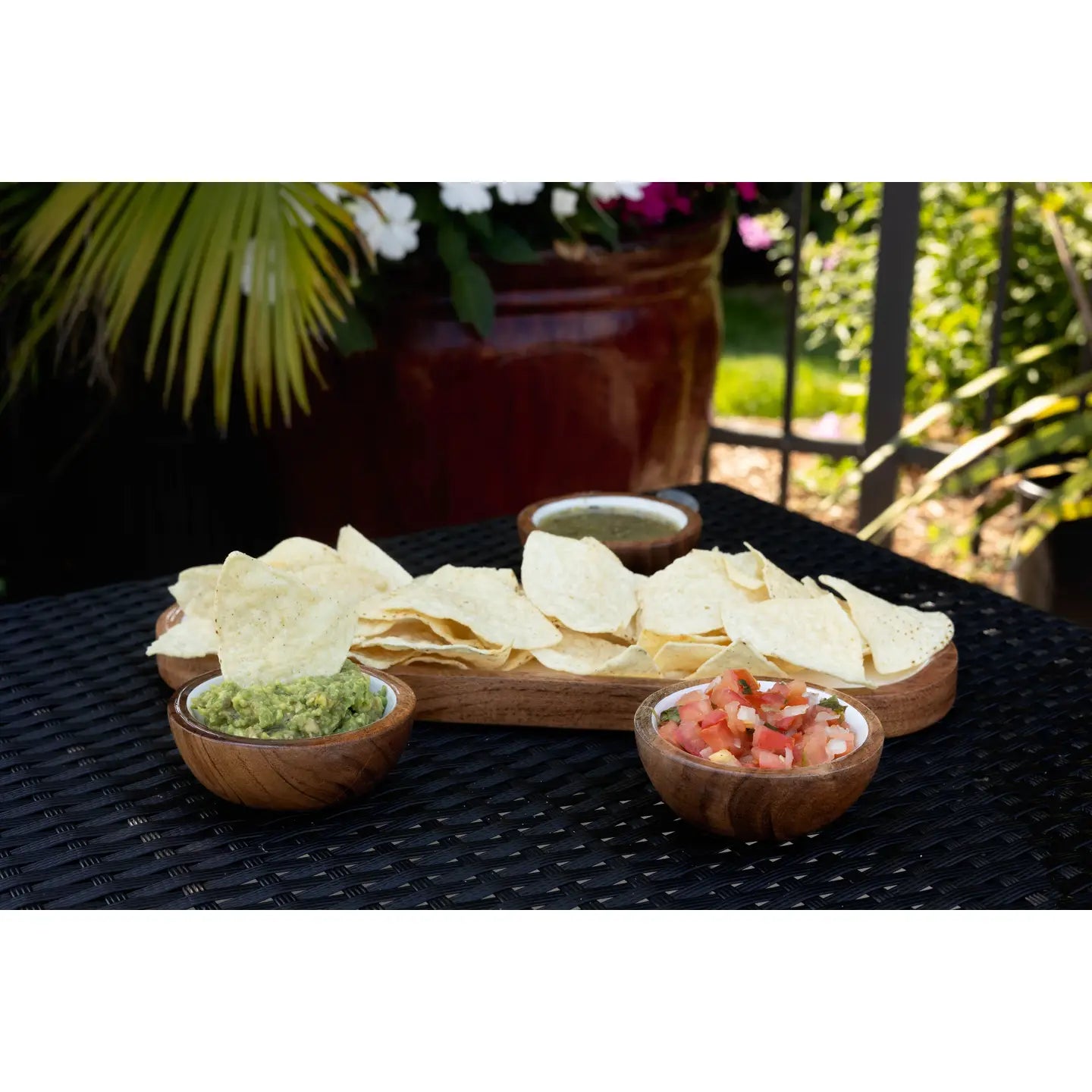 Wood + White Collection Acacia Wood 3 Dipping Bowls and Tray
