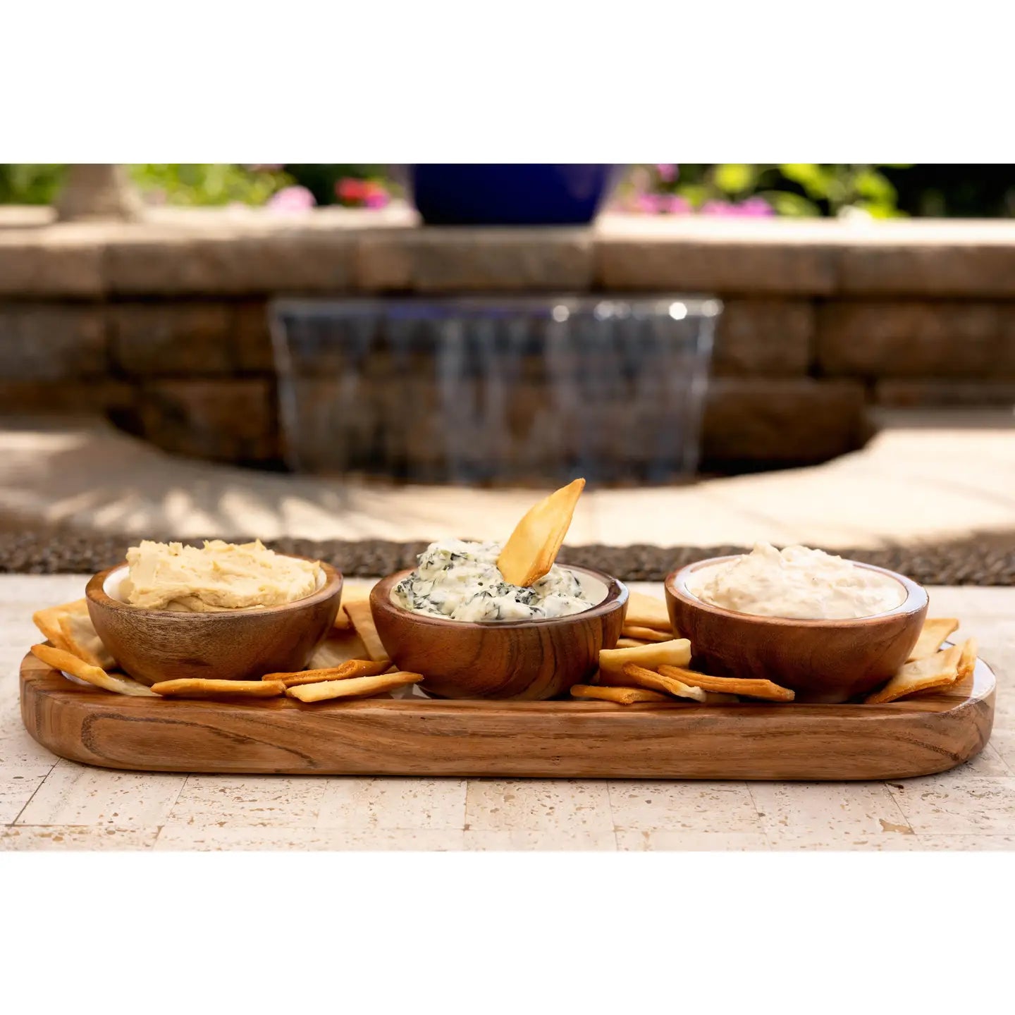 Wood + White Collection Acacia Wood 3 Dipping Bowls and Tray