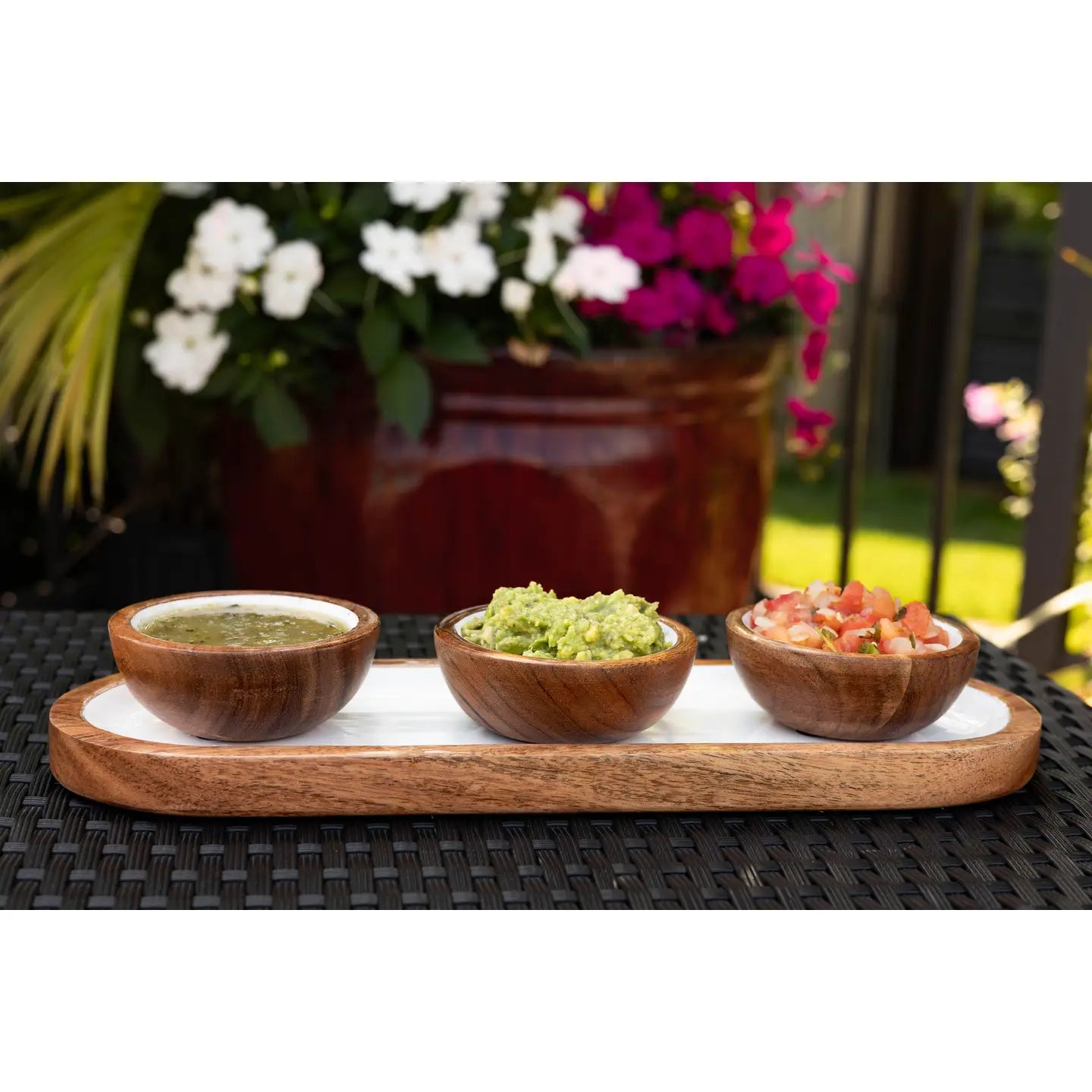 Wood + White Collection Acacia Wood 3 Dipping Bowls and Tray