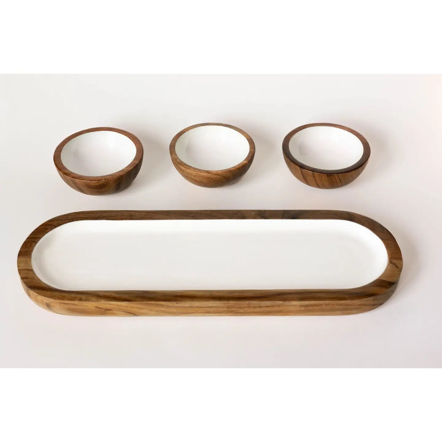Wood + White Collection Acacia Wood 3 Dipping Bowls and Tray
