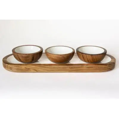 Wood + White Collection Acacia Wood 3 Dipping Bowls and Tray
