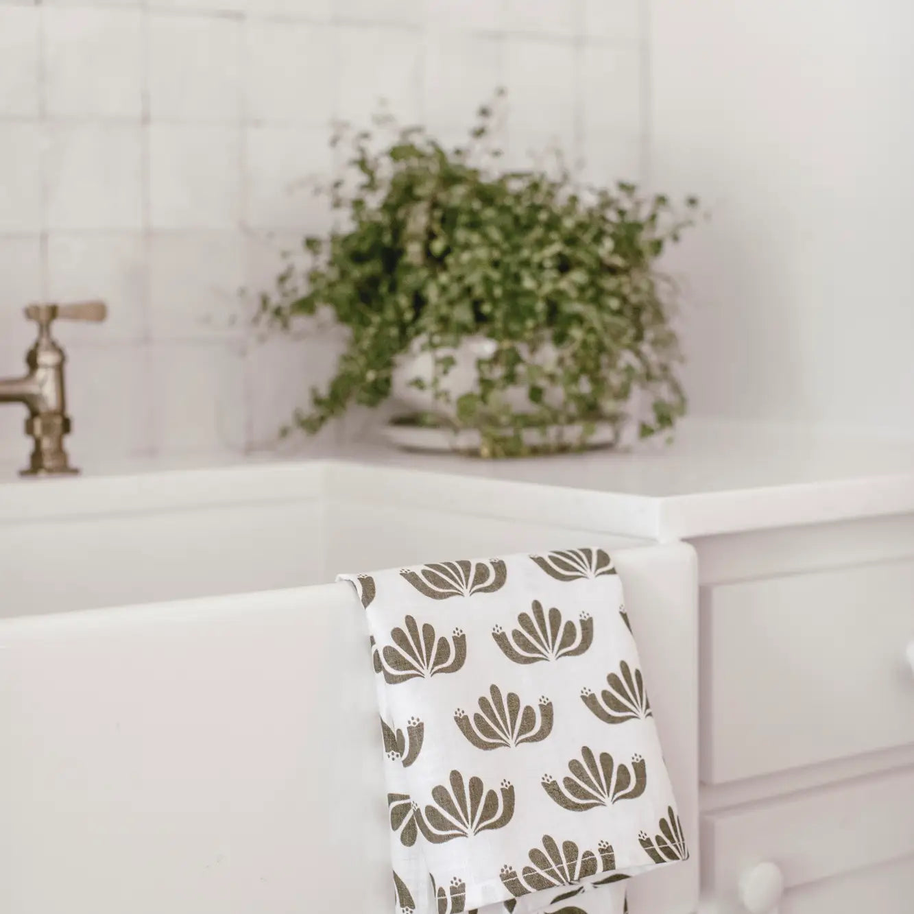 Olive Honeysuckle Linen Tea Towel
