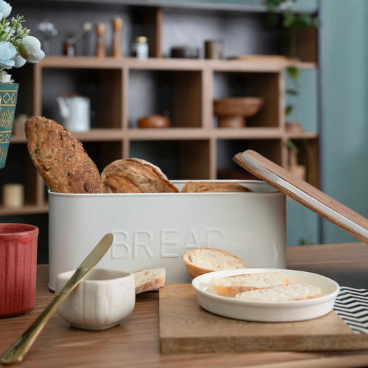 White Bread Box with Wooden Lid