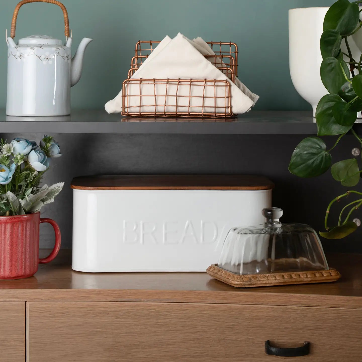 White Bread Box with Wooden Lid