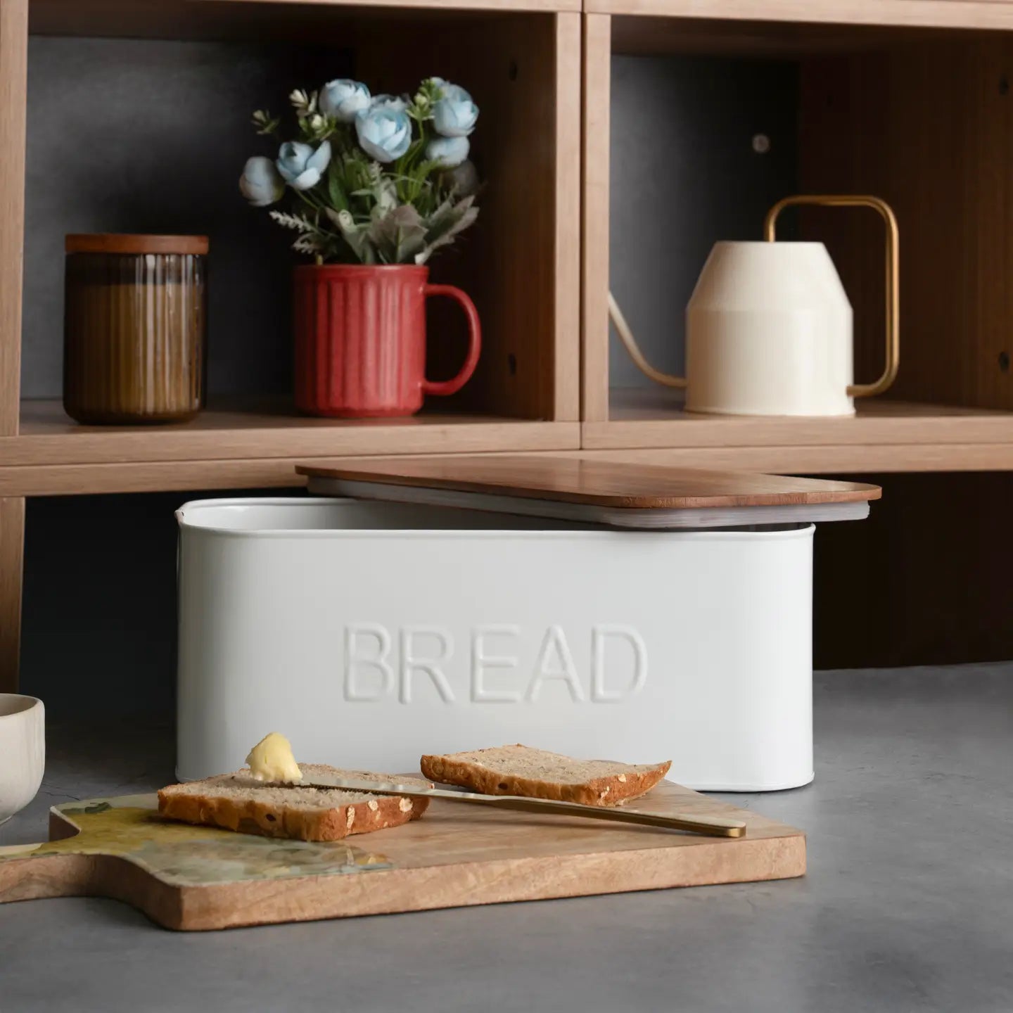 White Bread Box with Wooden Lid