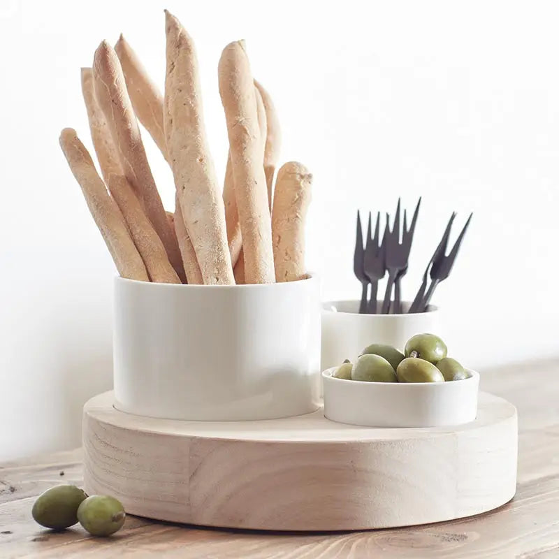 Trio Ceramic Bowls with Wood Base